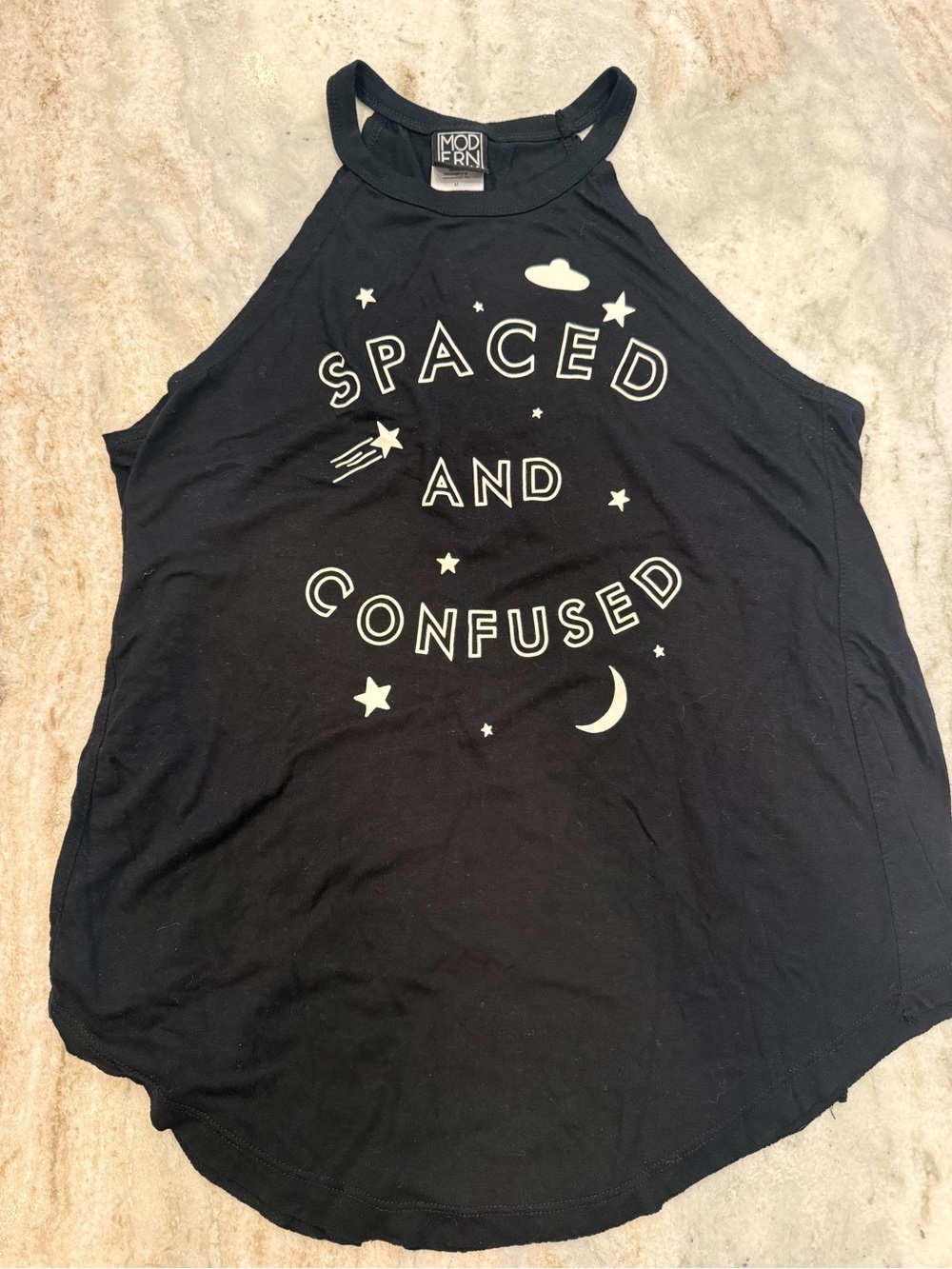 Modern Black Graphic Tank Top - "Spaced and Confused" Alien UFO space